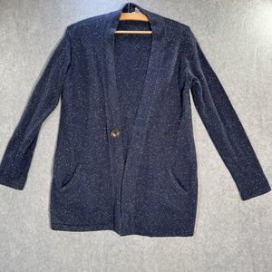 J Jill Cardigan Womens Medium Blue Speckled Duster One Button Botanical Boho